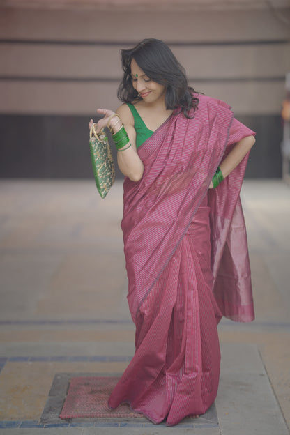 Pink Chanderi Handloom Saree with Zari Stripes
