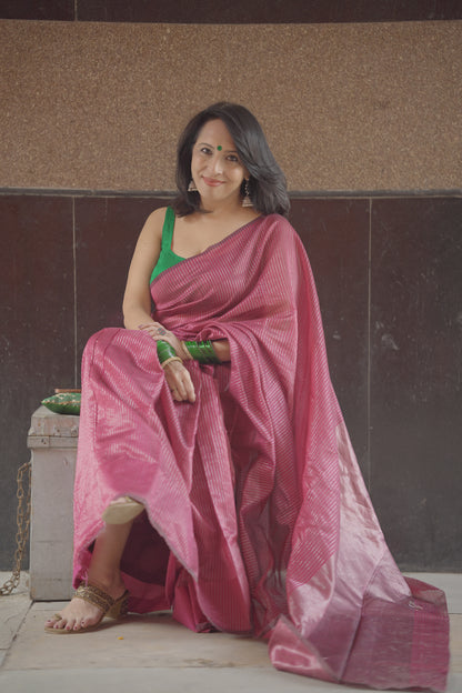 Pink Chanderi Handloom Saree with Zari Stripes