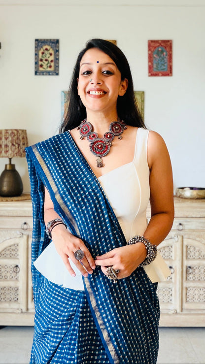 Indigo checks Handblock Chanderi Silk Saree