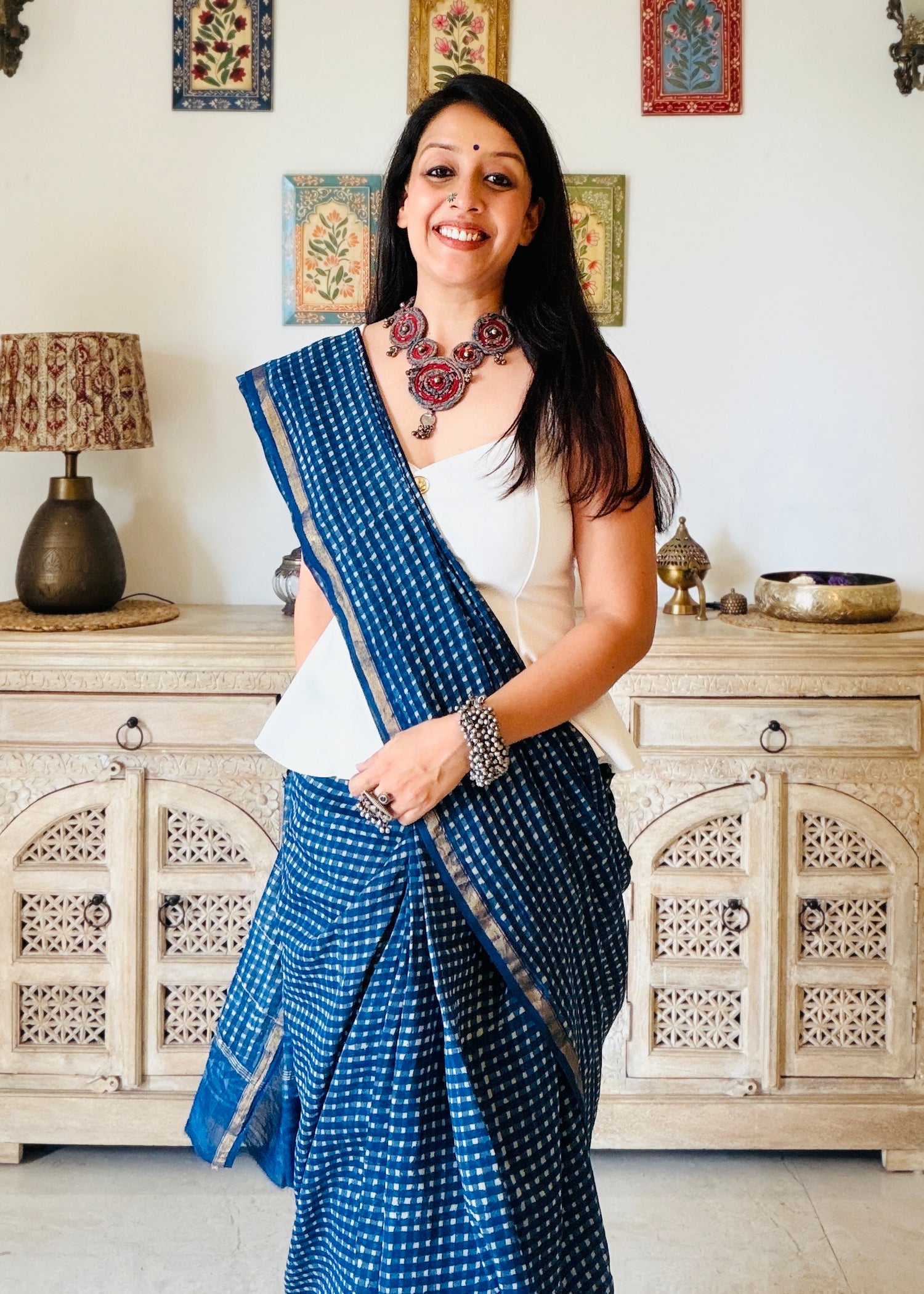 Indigo checks Handblock Chanderi Silk Saree
