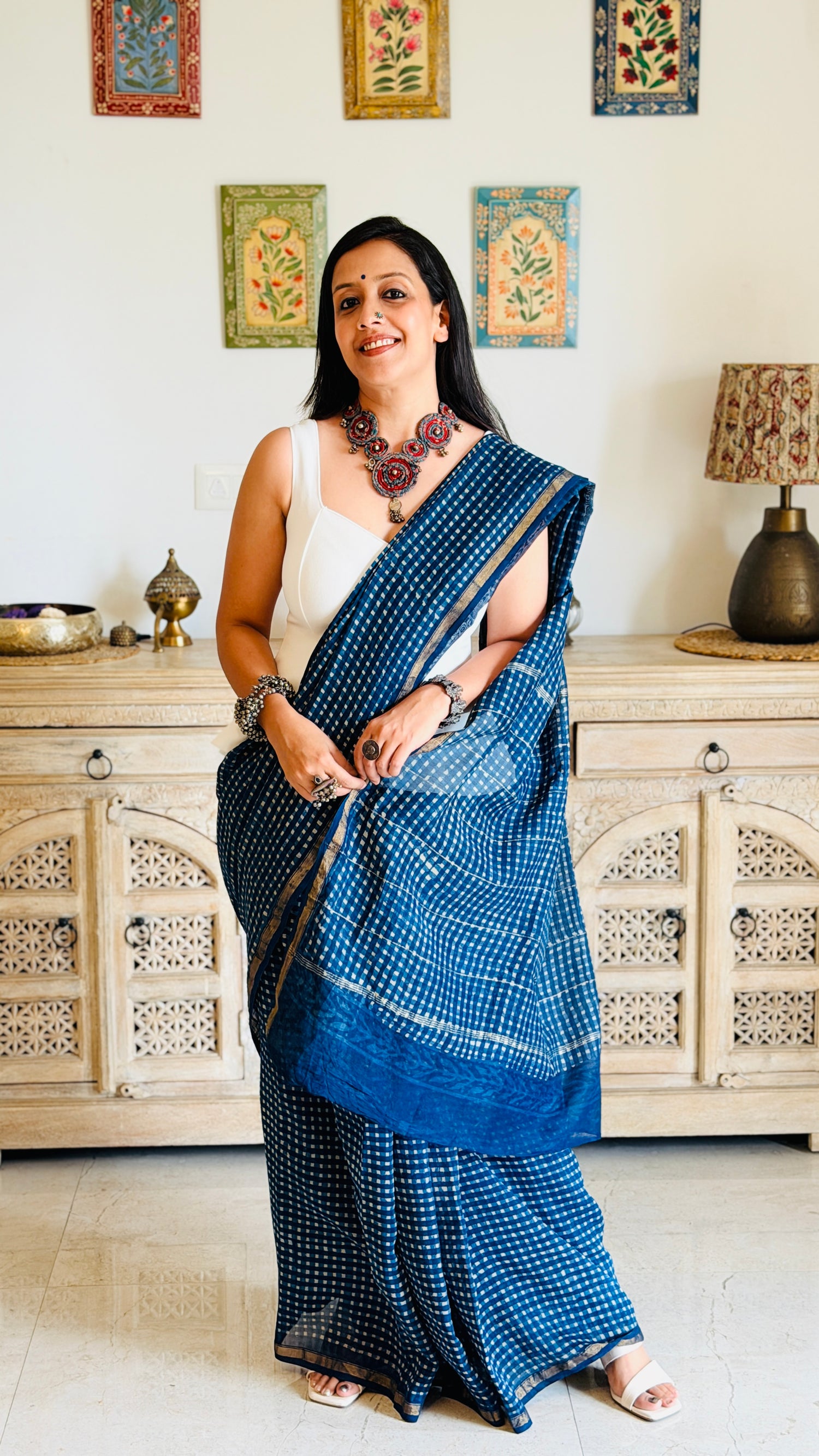 Indigo checks Handblock Chanderi Silk Saree
