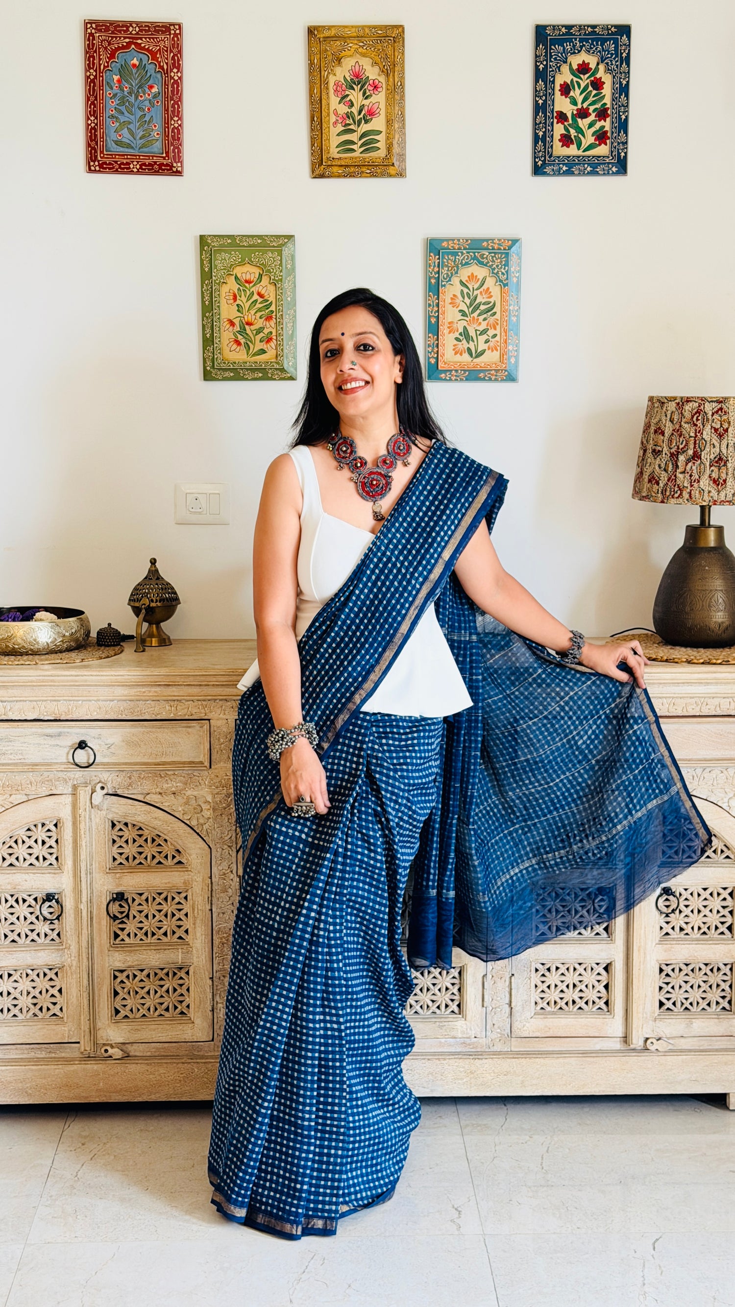 Indigo checks Handblock Chanderi Silk Saree
