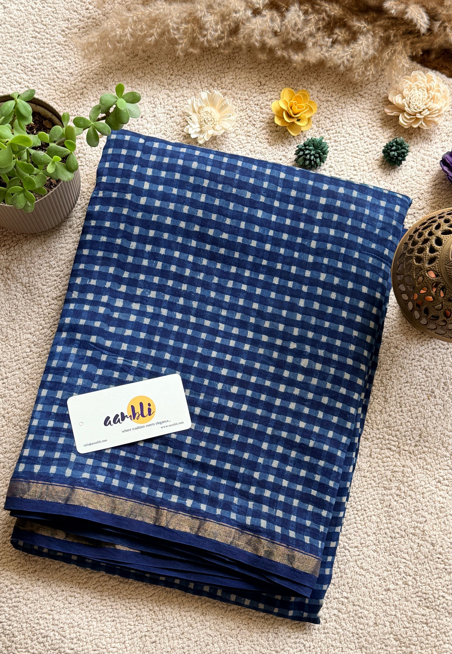 Indigo checks Handblock Chanderi Silk Saree