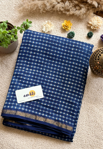 Indigo checks Handblock Chanderi Silk Saree