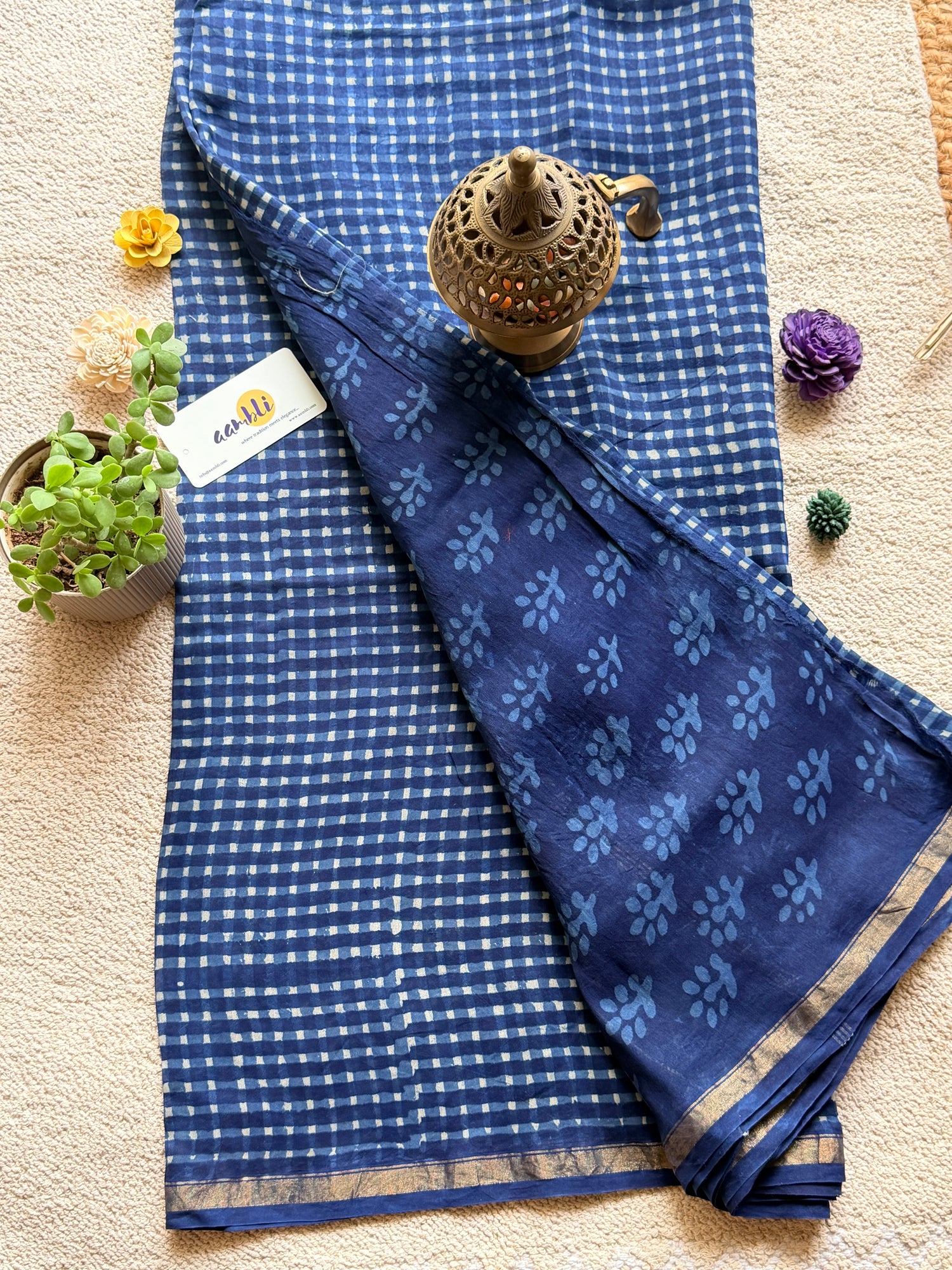 Indigo checks Handblock Chanderi Silk Saree