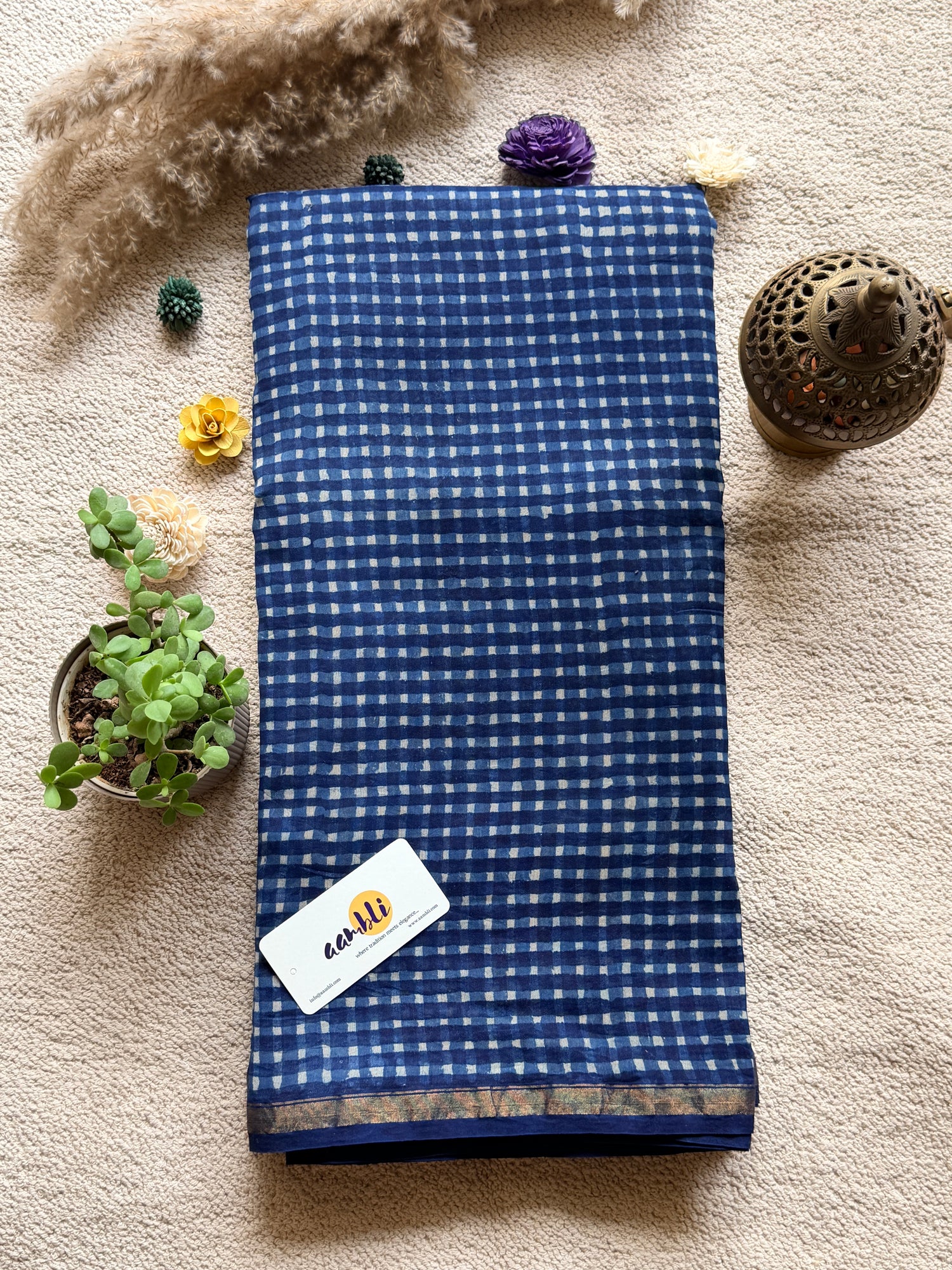Indigo checks Handblock Chanderi Silk Saree