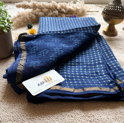 Indigo checks Handblock Chanderi Silk Saree