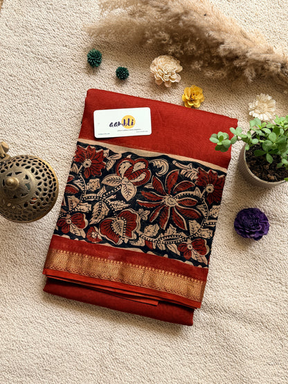 Rust Flower Handblock Maheshwari saree
