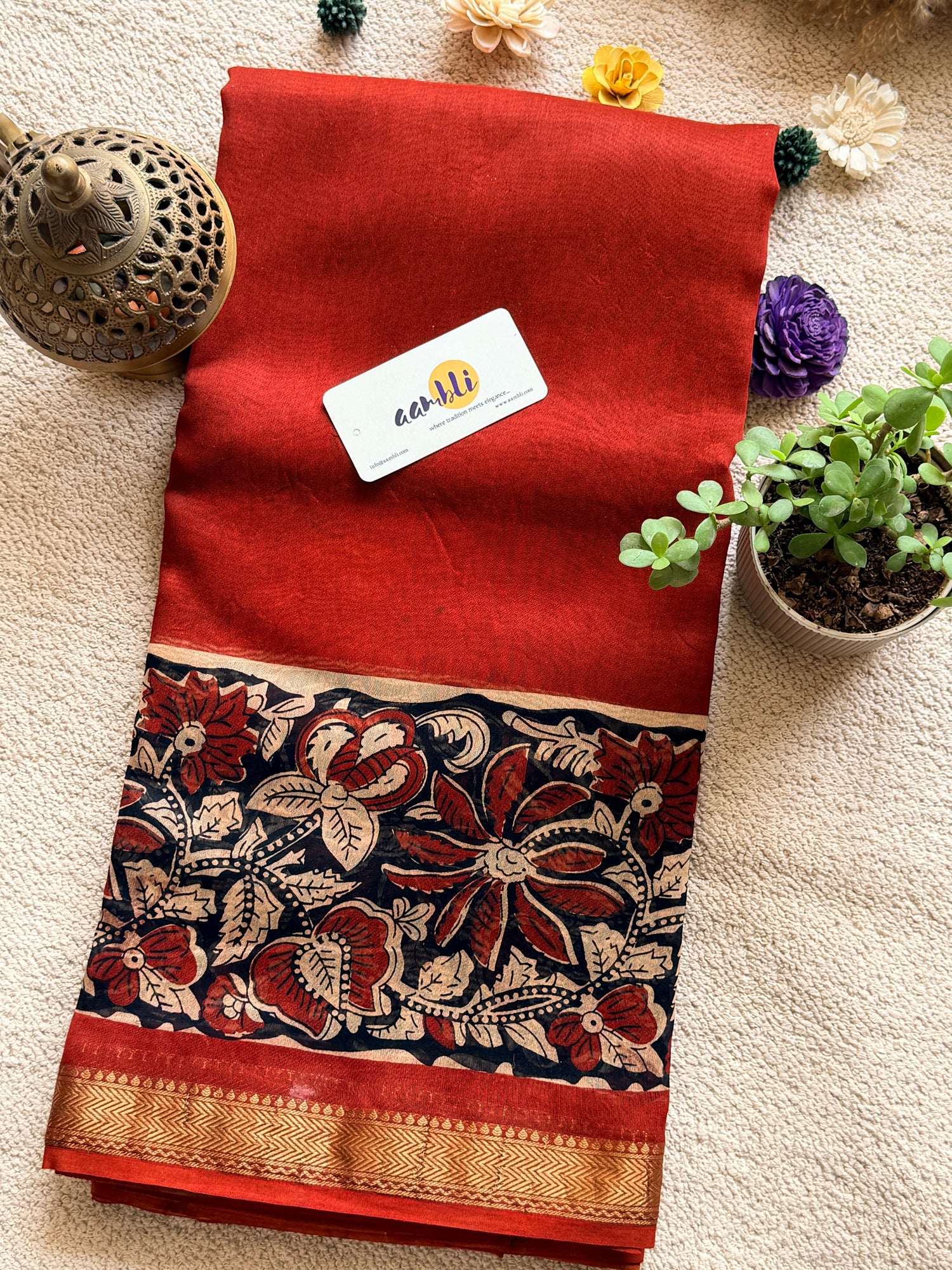 Rust Flower Handblock Maheshwari saree