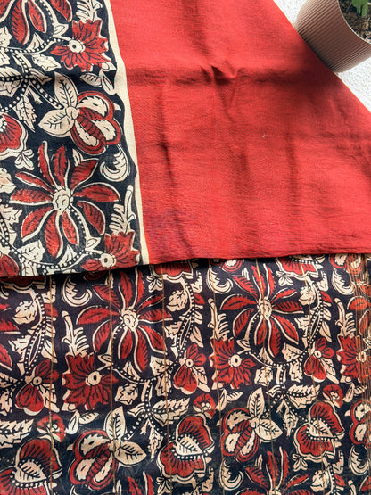 Rust Flower Handblock Maheshwari saree
