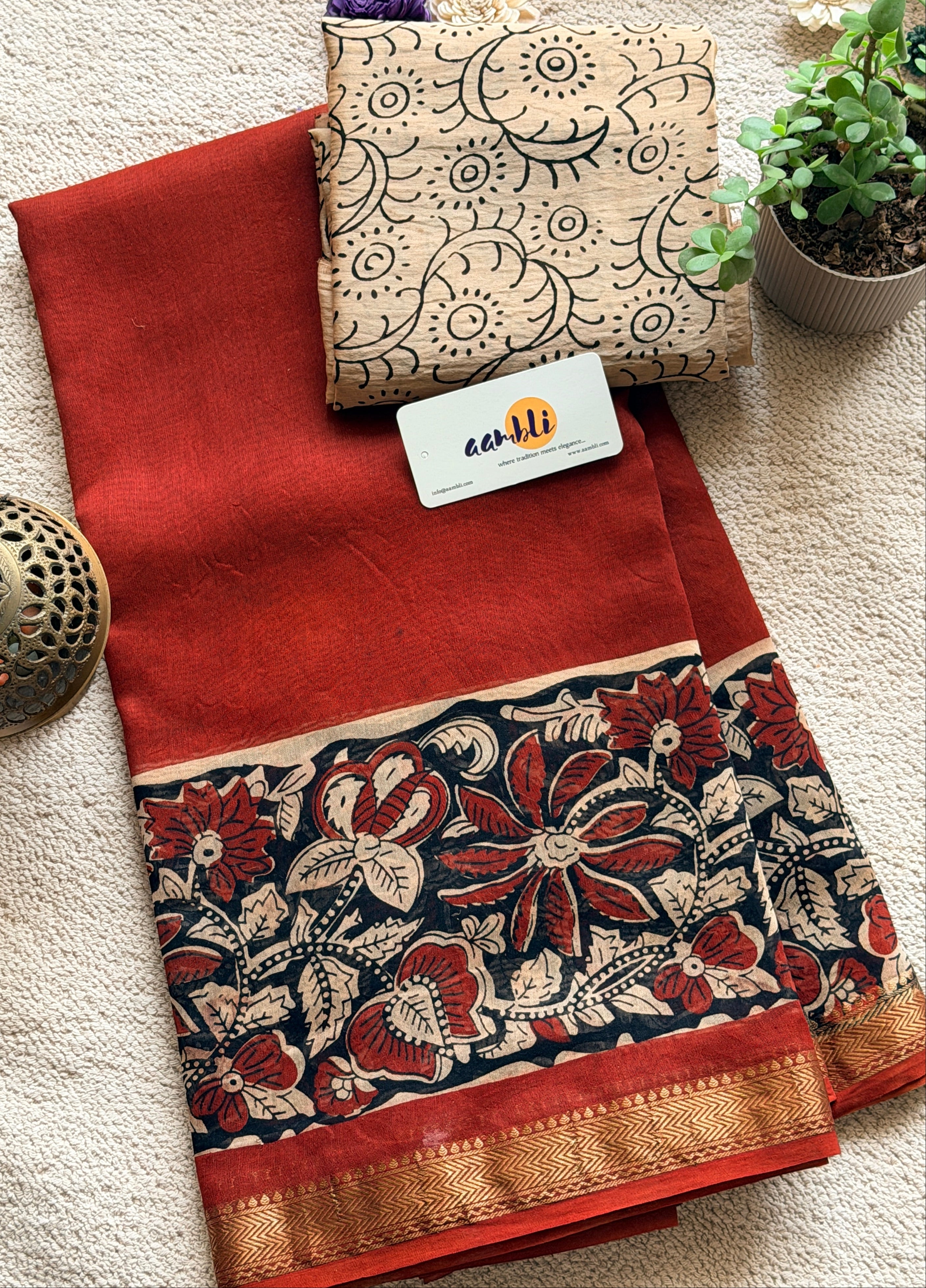 Rust Flower Handblock Maheshwari saree