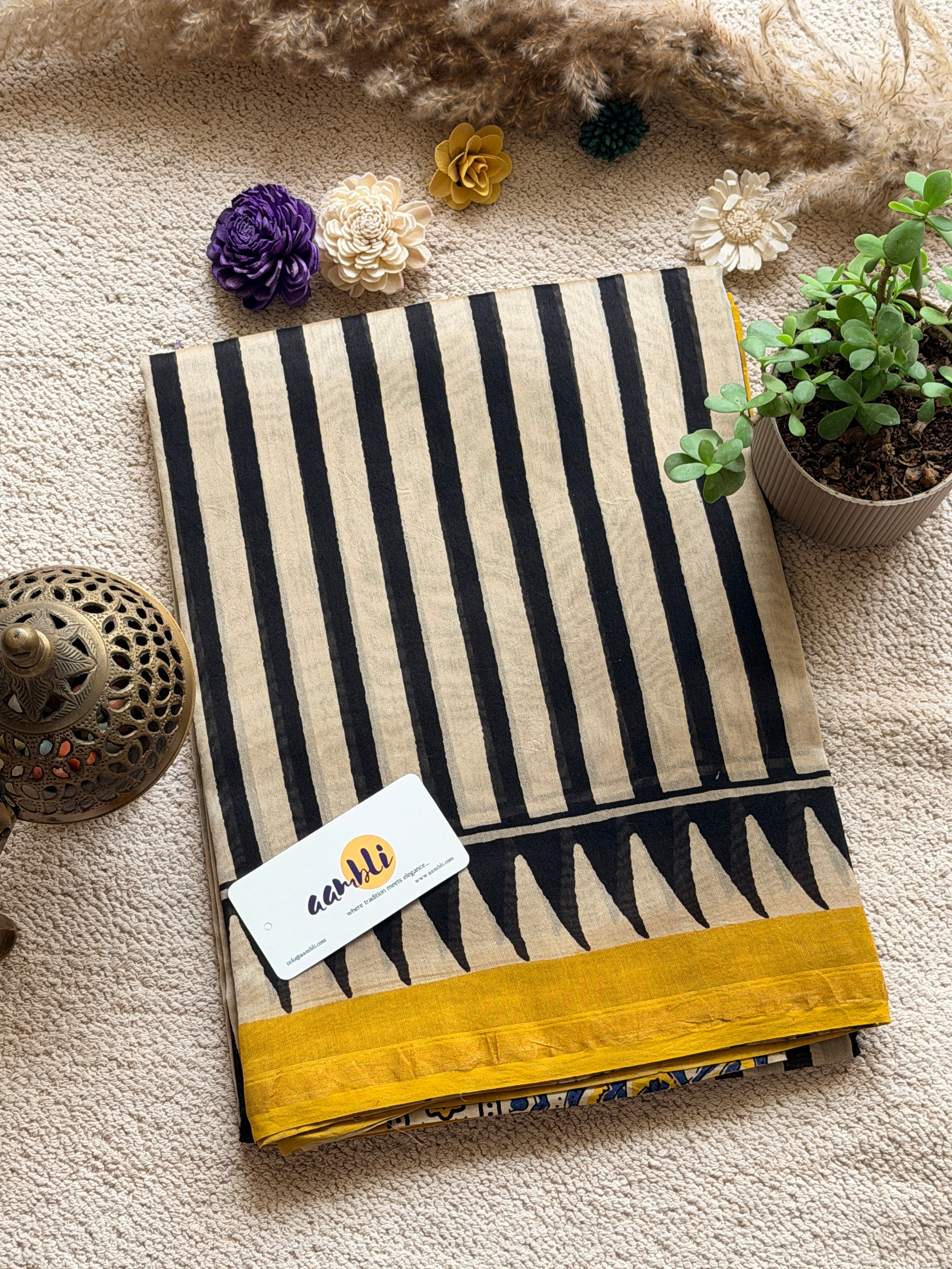 Black white stripes Handblock Chanderi Silk saree