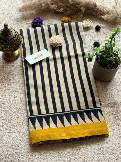 Black white stripes Handblock Chanderi Silk saree