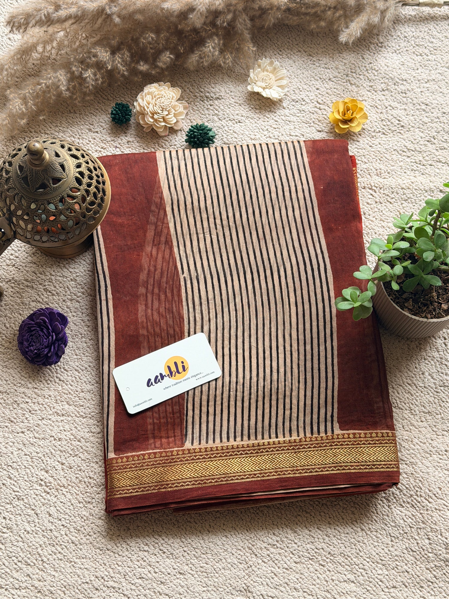 Rust stripes Handblock Maheshwari silk saree