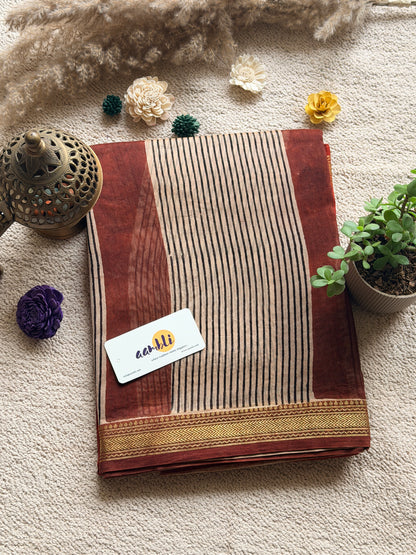Rust stripes Handblock Maheshwari silk saree