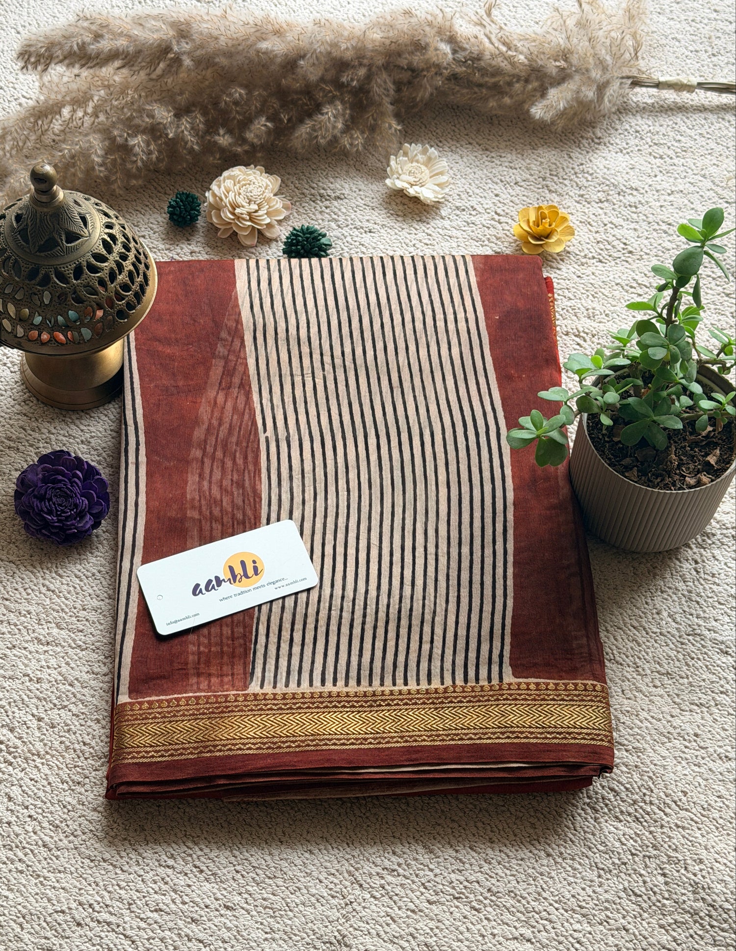 Rust stripes Handblock Maheshwari silk saree