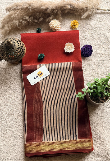 Rust stripes Handblock Maheshwari silk saree