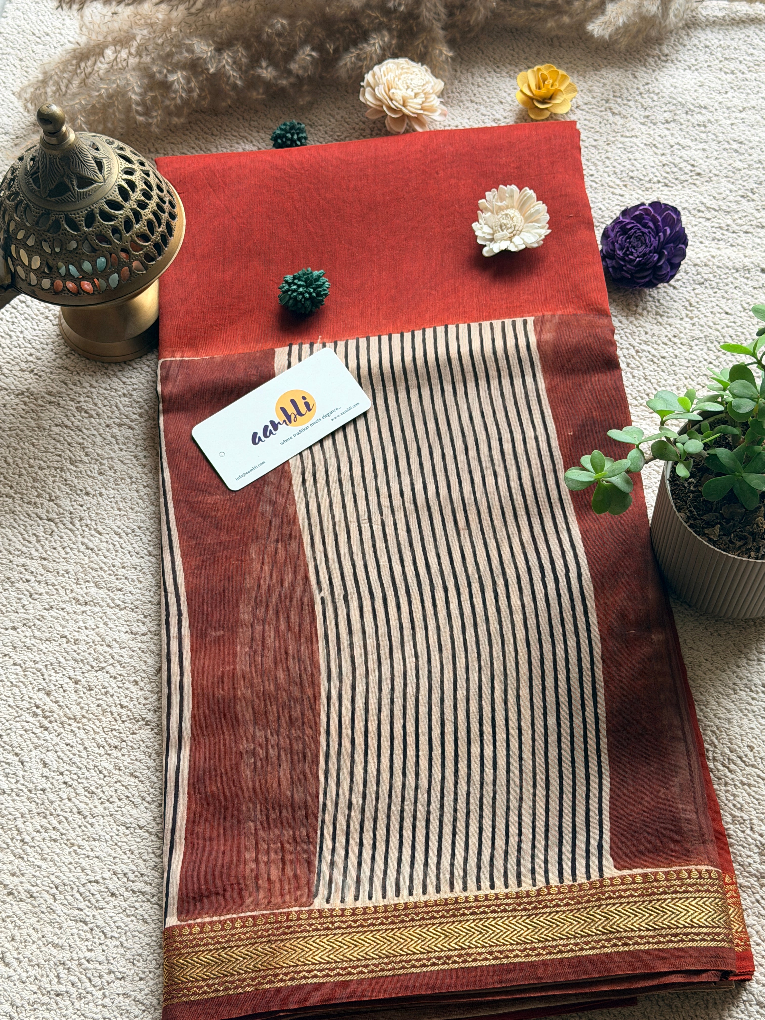Rust stripes Handblock Maheshwari silk saree