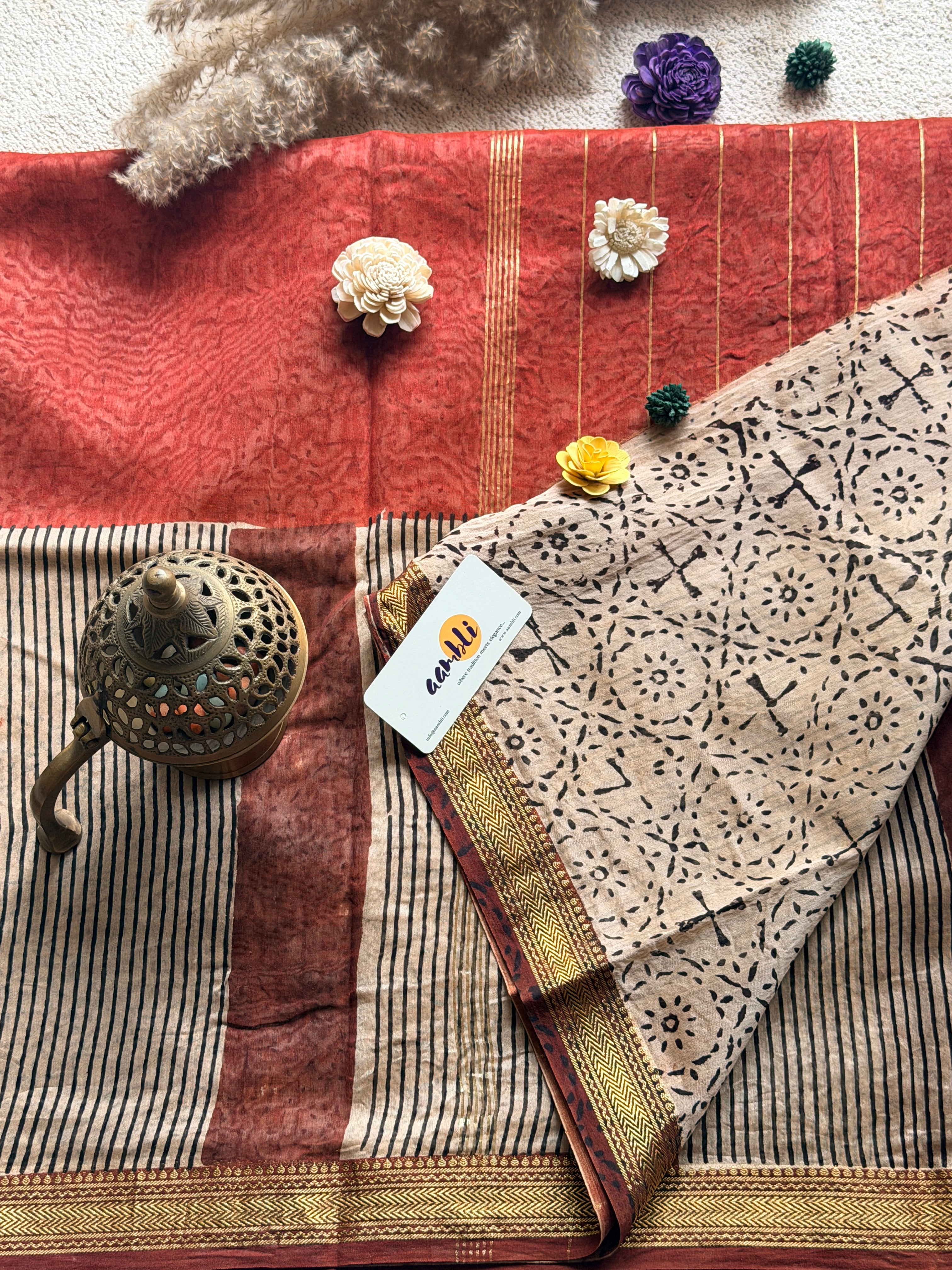 Rust stripes Handblock Maheshwari silk saree