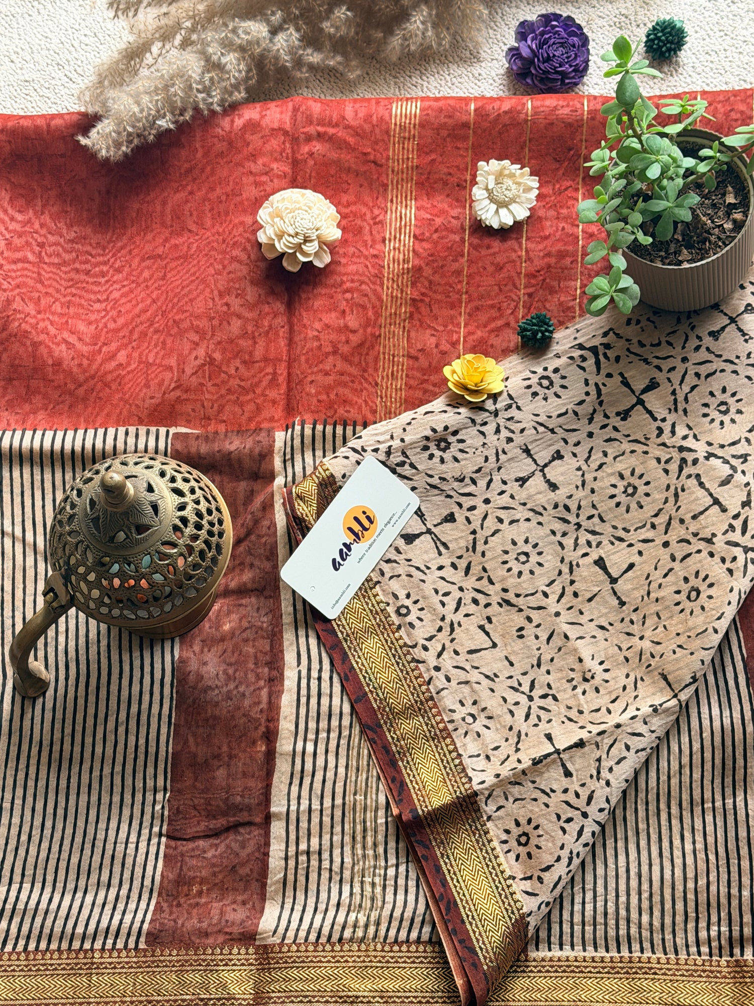 Rust stripes Handblock Maheshwari silk saree
