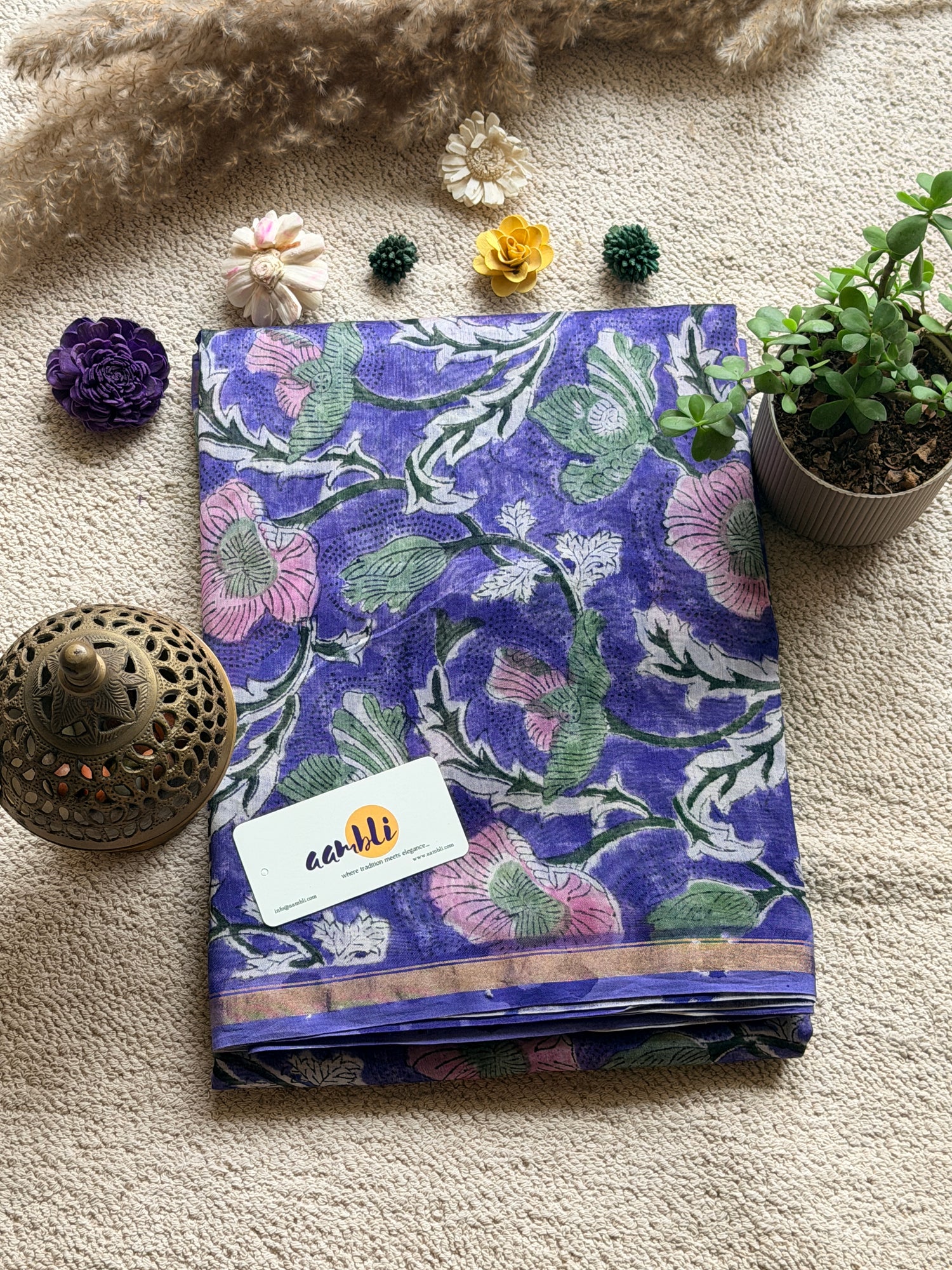 Purple Flower Handblock Chanderi Silk saree