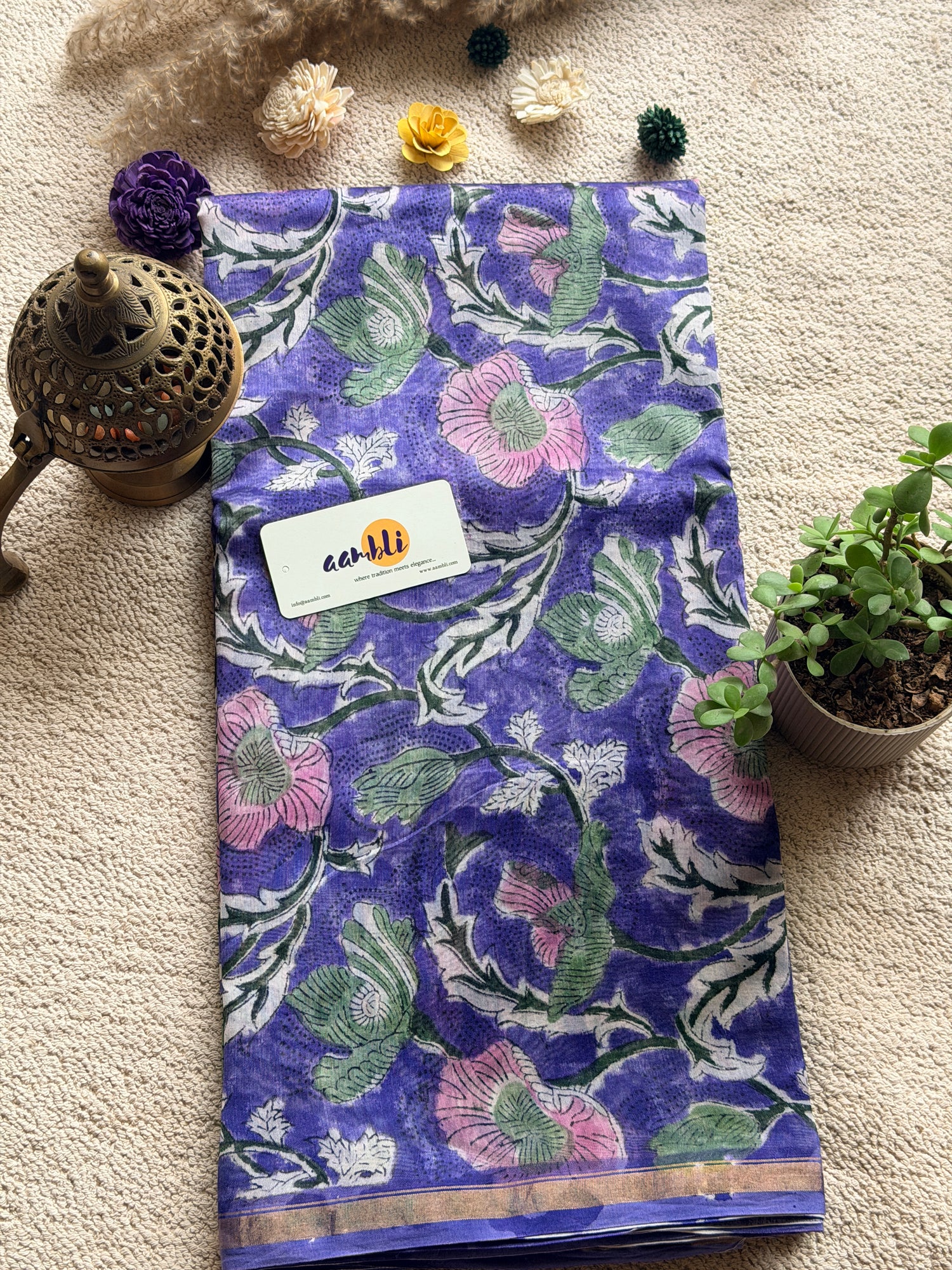 Purple Flower Handblock Chanderi Silk saree