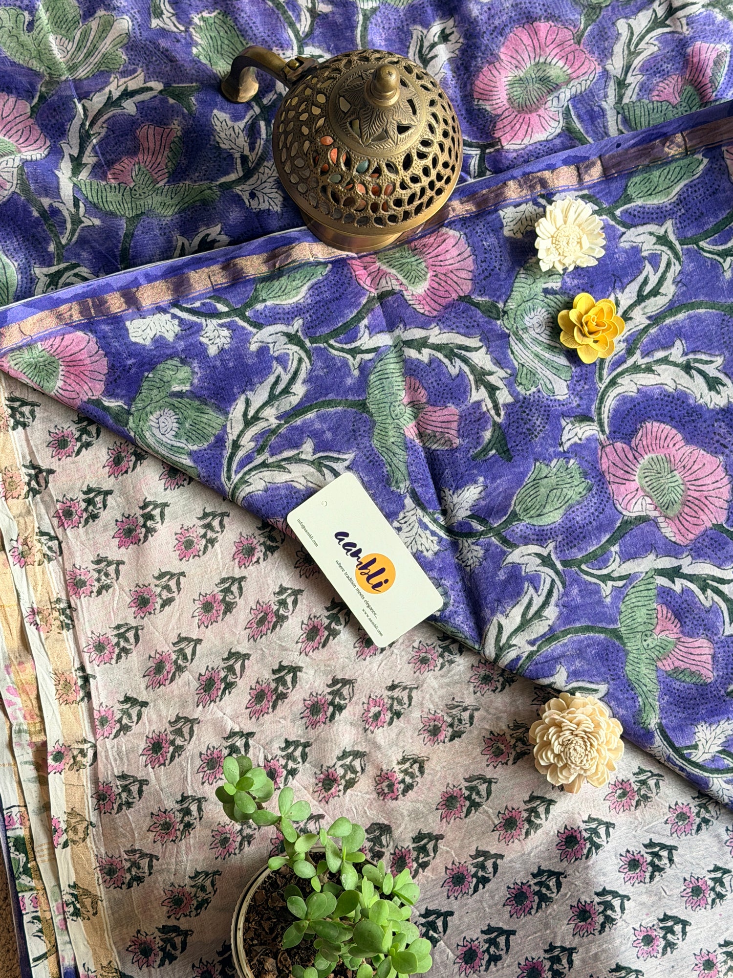 Purple Flower Handblock Chanderi Silk saree