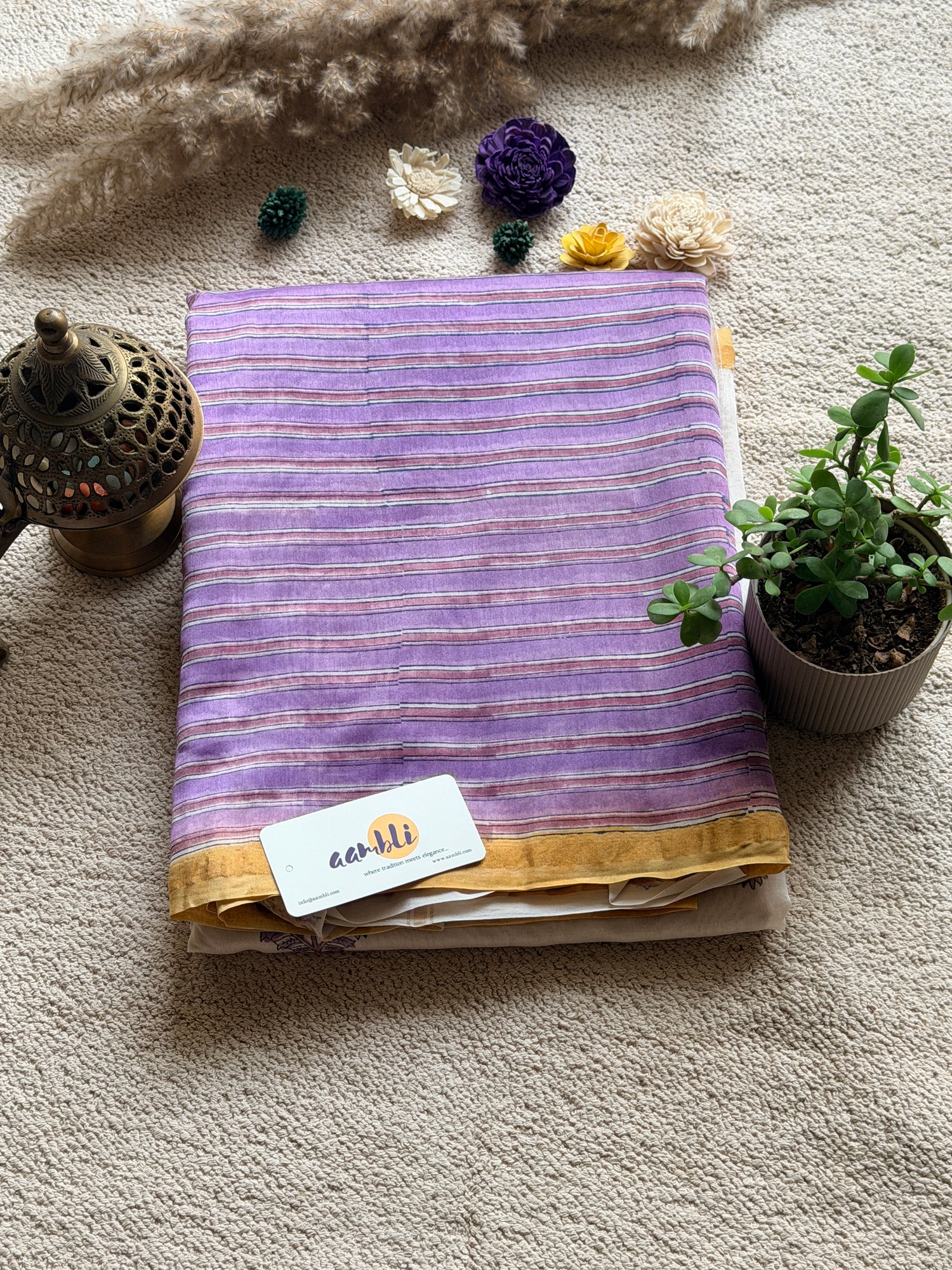 Purple Cream Handblock Chanderi Silk saree