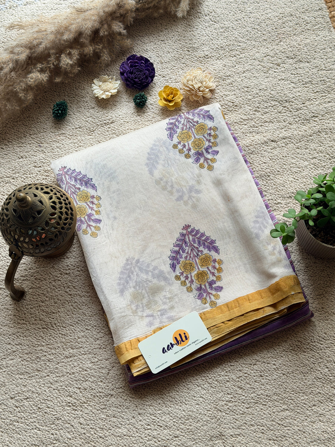 Purple Cream Handblock Chanderi Silk saree