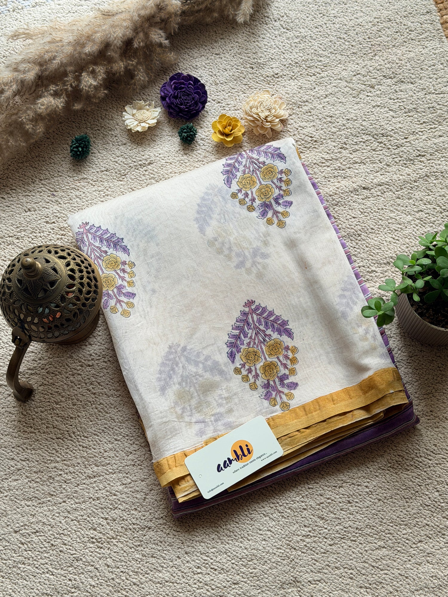 Purple Cream Handblock Chanderi Silk saree