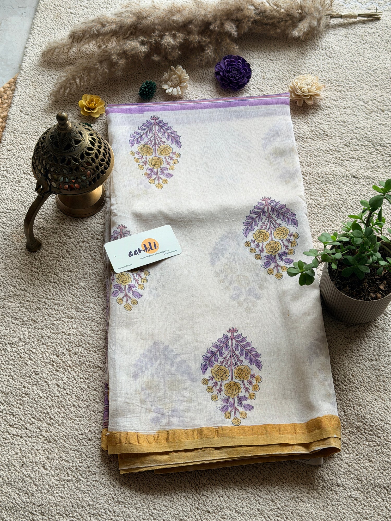 Purple Cream Handblock Chanderi Silk saree