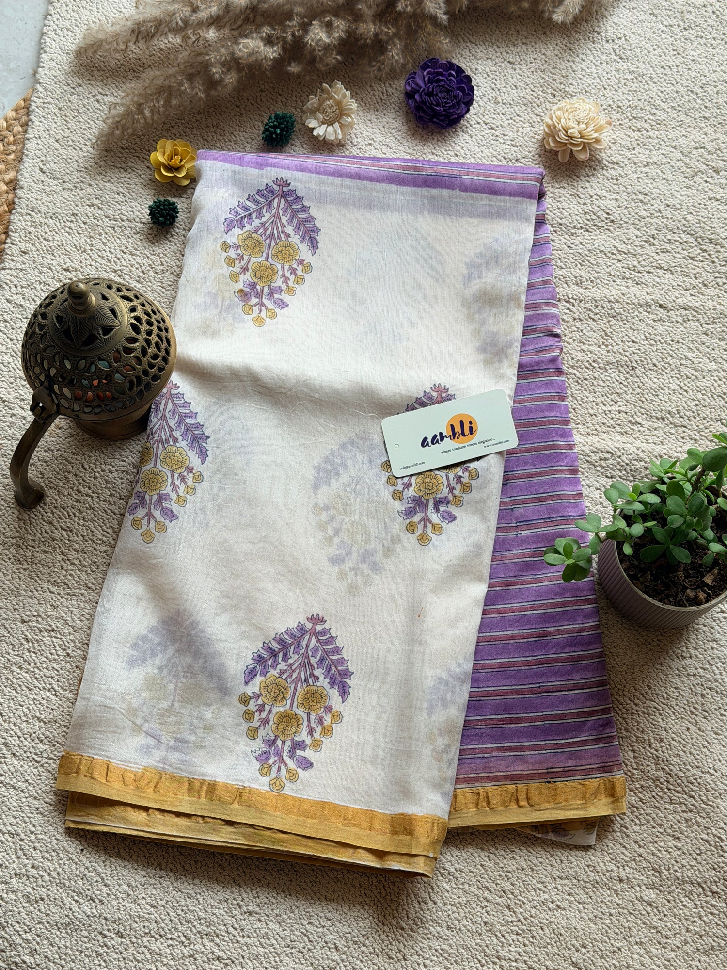 Purple Cream Handblock Chanderi Silk saree