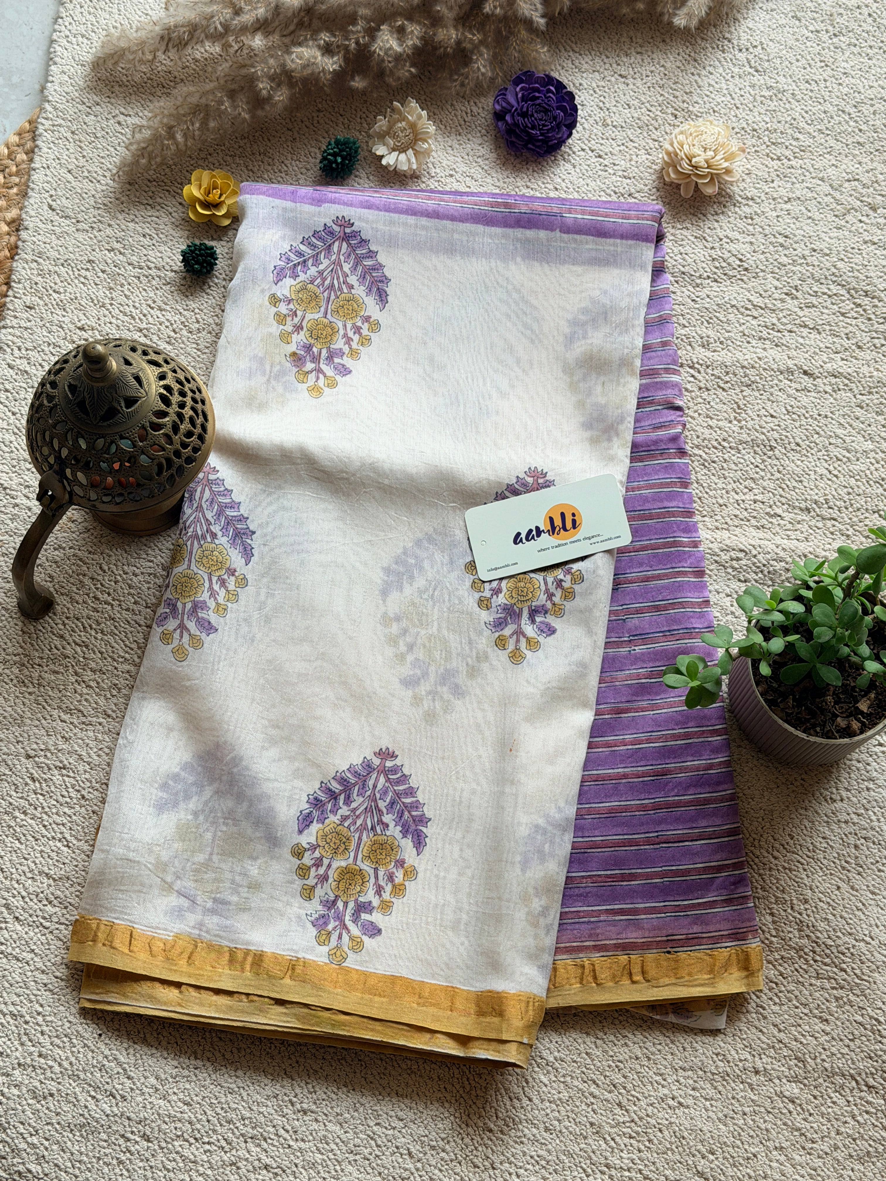 Purple Cream Handblock Chanderi Silk saree