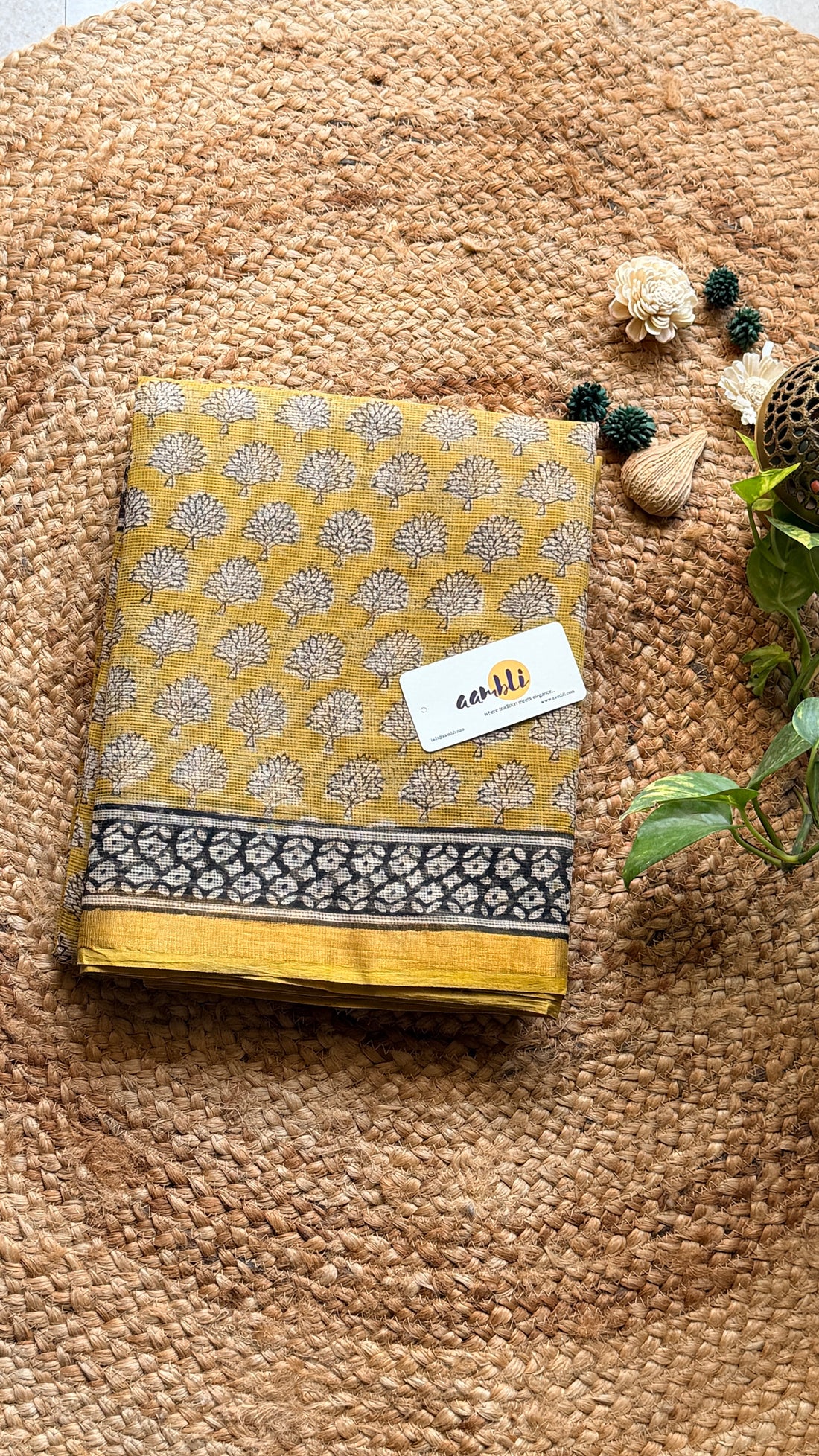 Yellow Handblock Kota doria saree