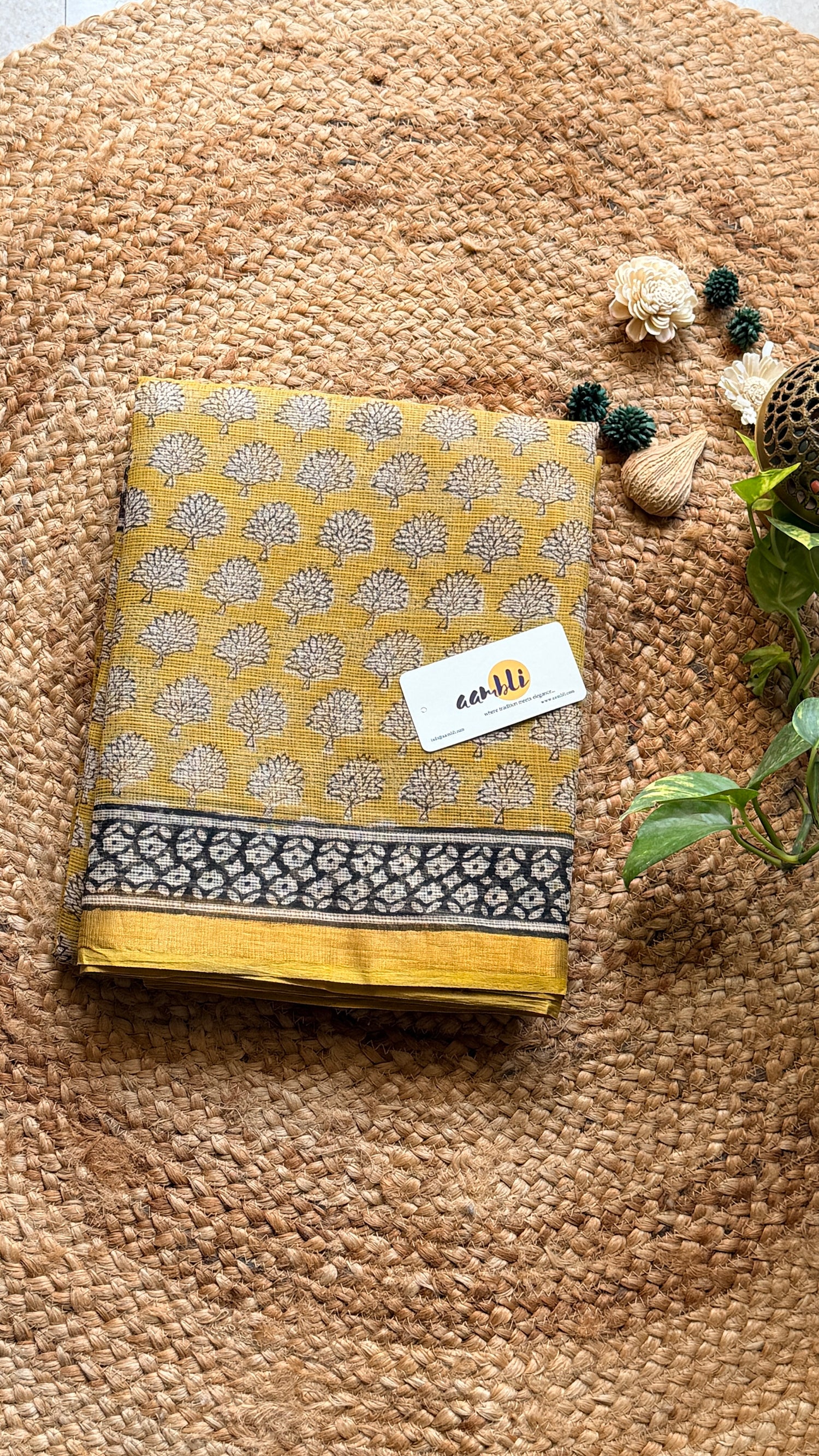 Yellow Handblock Kota doria saree