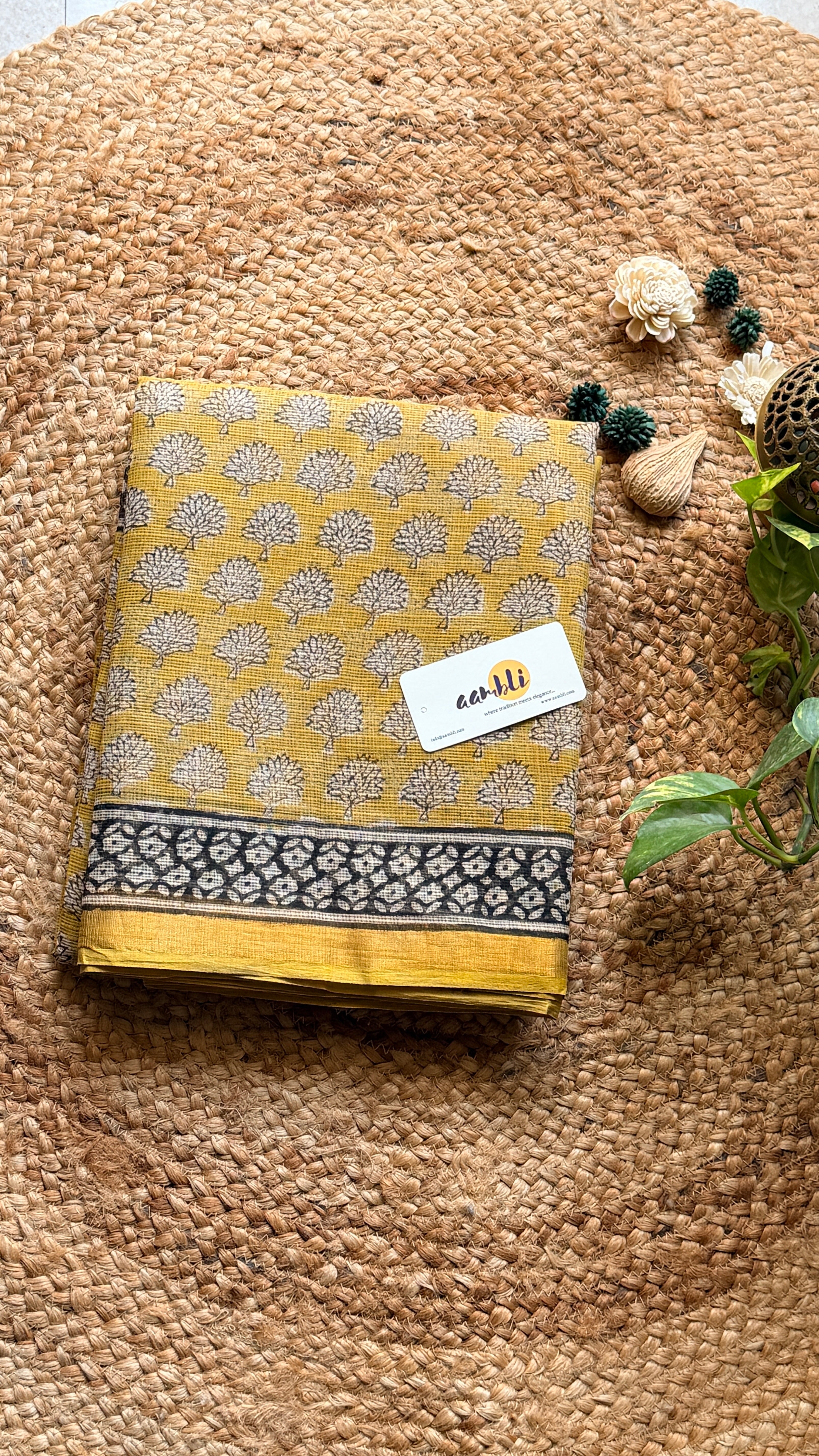 Yellow Handblock Kota doria saree