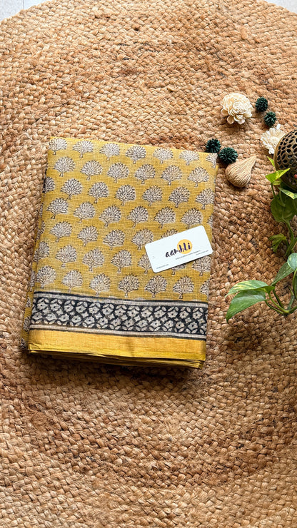Yellow Handblock Kota doria saree