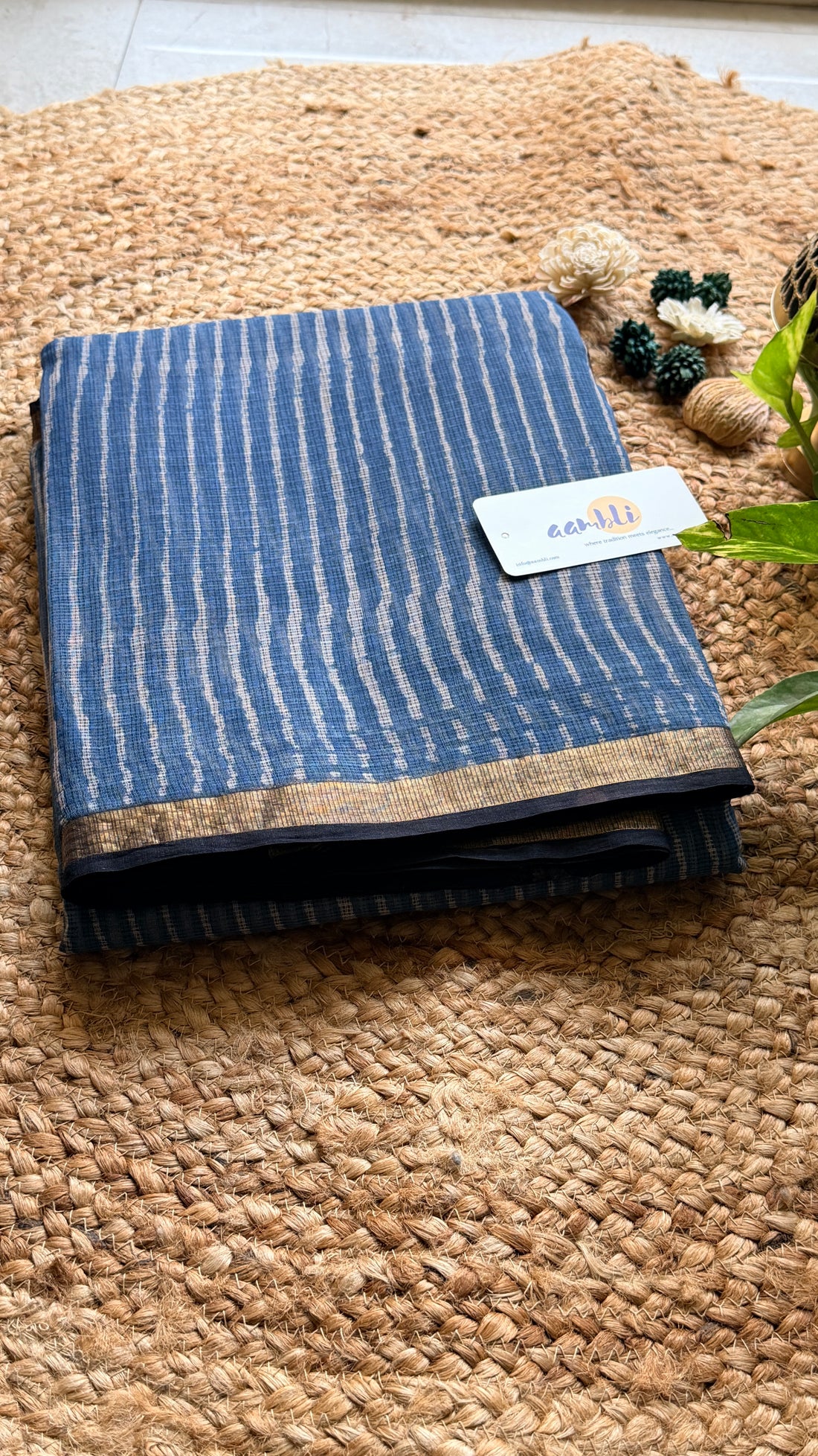 Indigo stripes Handblock Kota Doria Saree