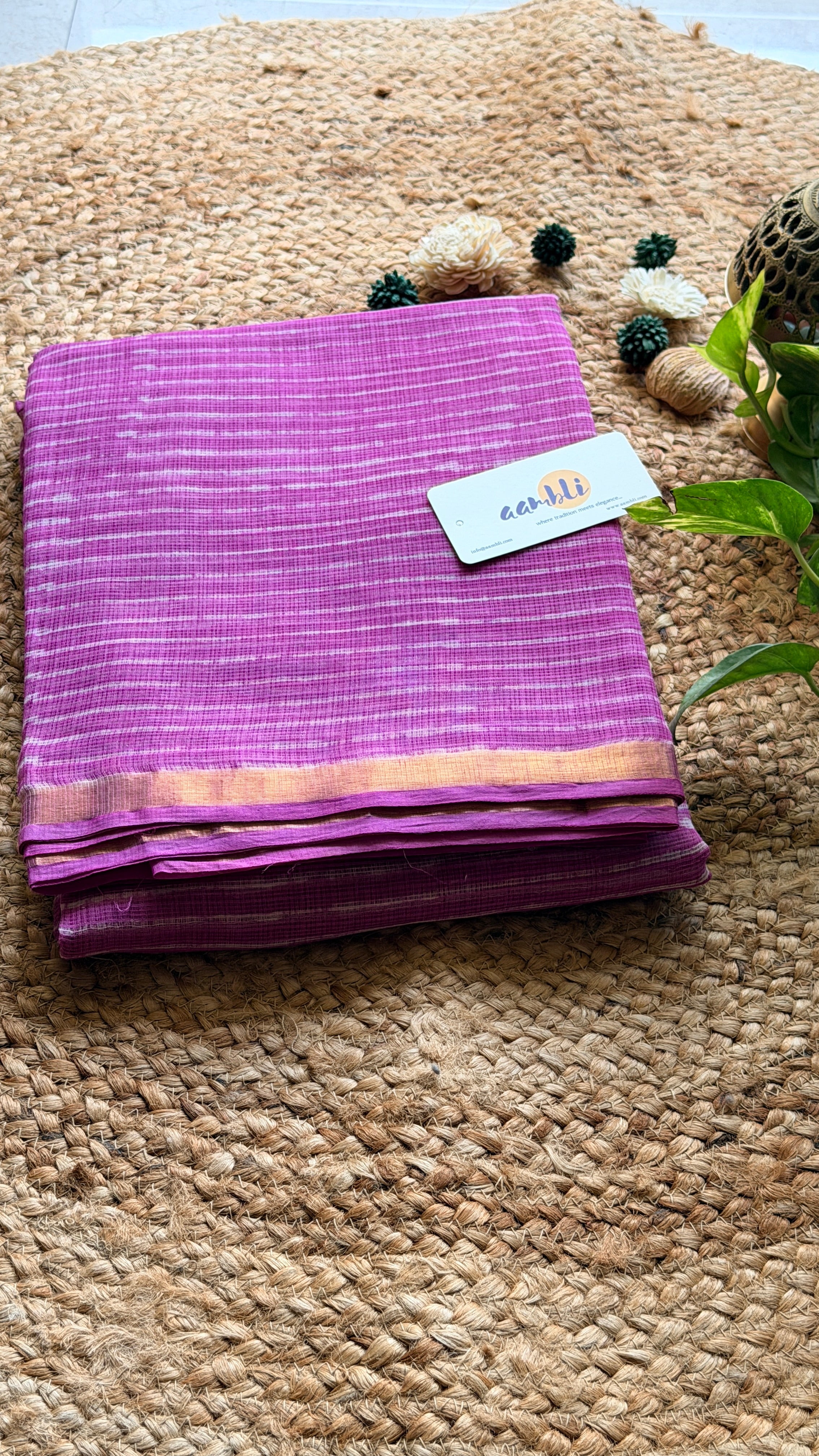 Pink Stripes handblock Kota doria saree