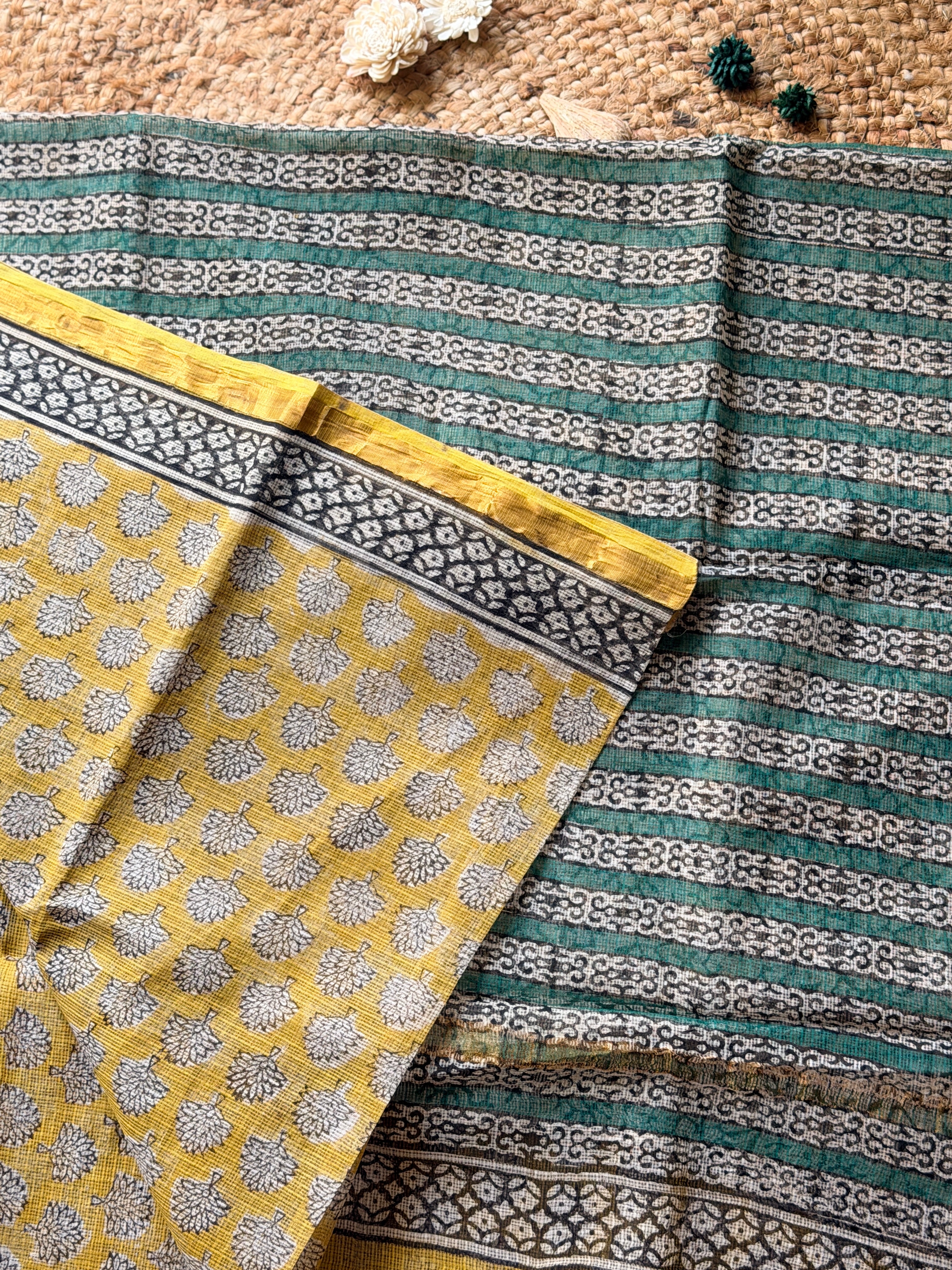 Yellow Handblock Kota doria saree