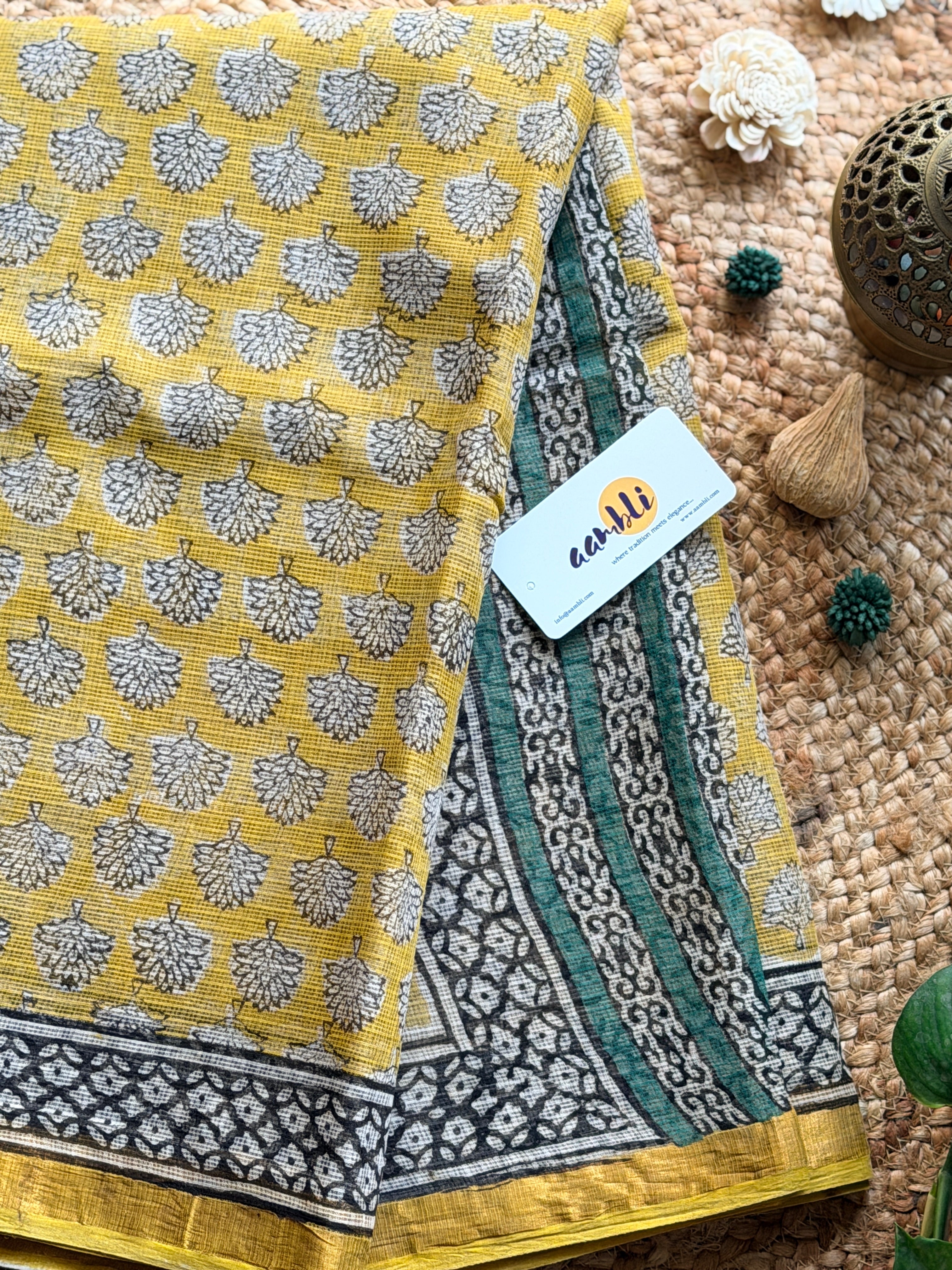 Yellow Handblock Kota doria saree
