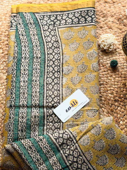 Yellow Handblock Kota doria saree