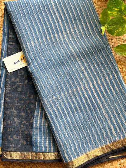 Indigo stripes Handblock Kota Doria Saree