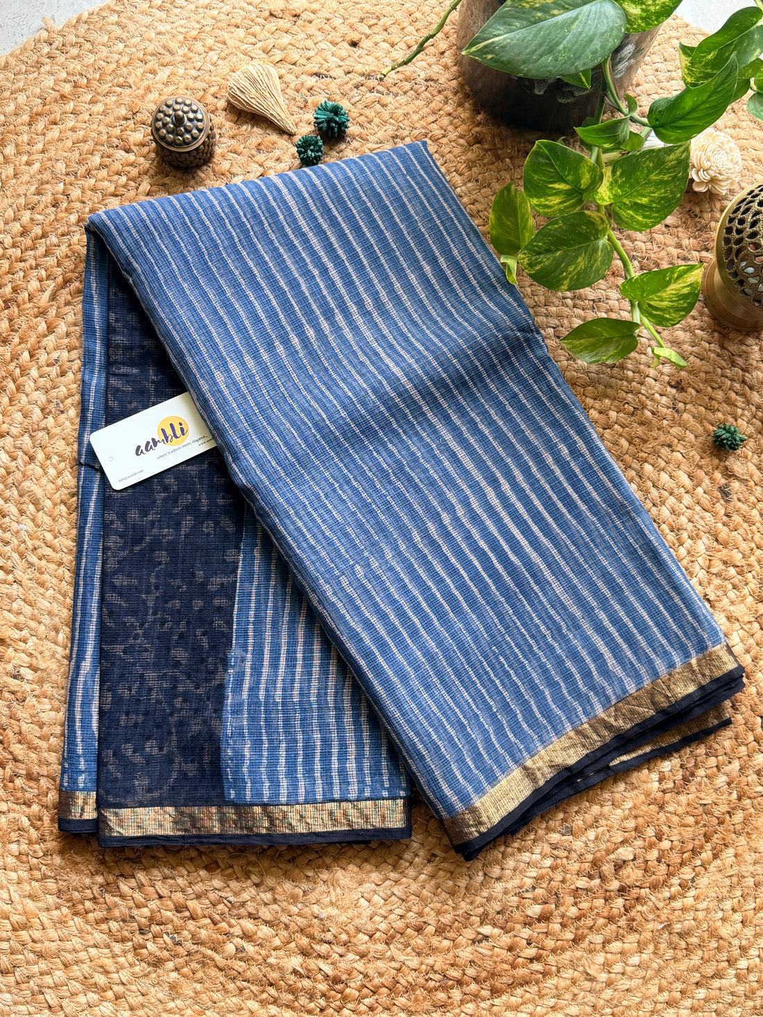 Indigo stripes Handblock Kota Doria Saree
