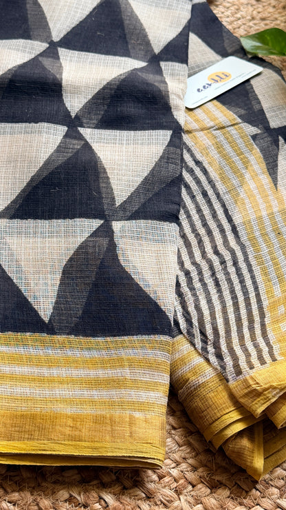 Black and white geometric handblock kota doria saree