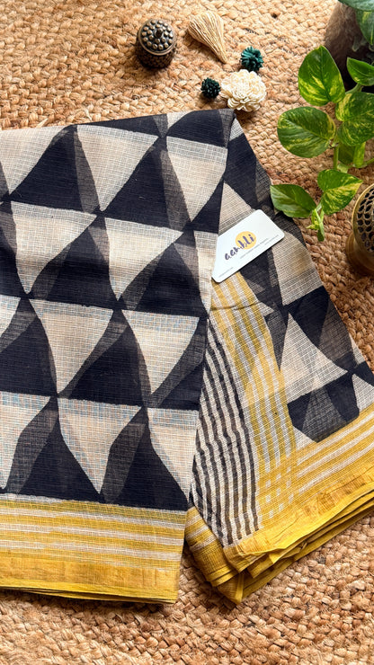 Black and white geometric handblock kota doria saree