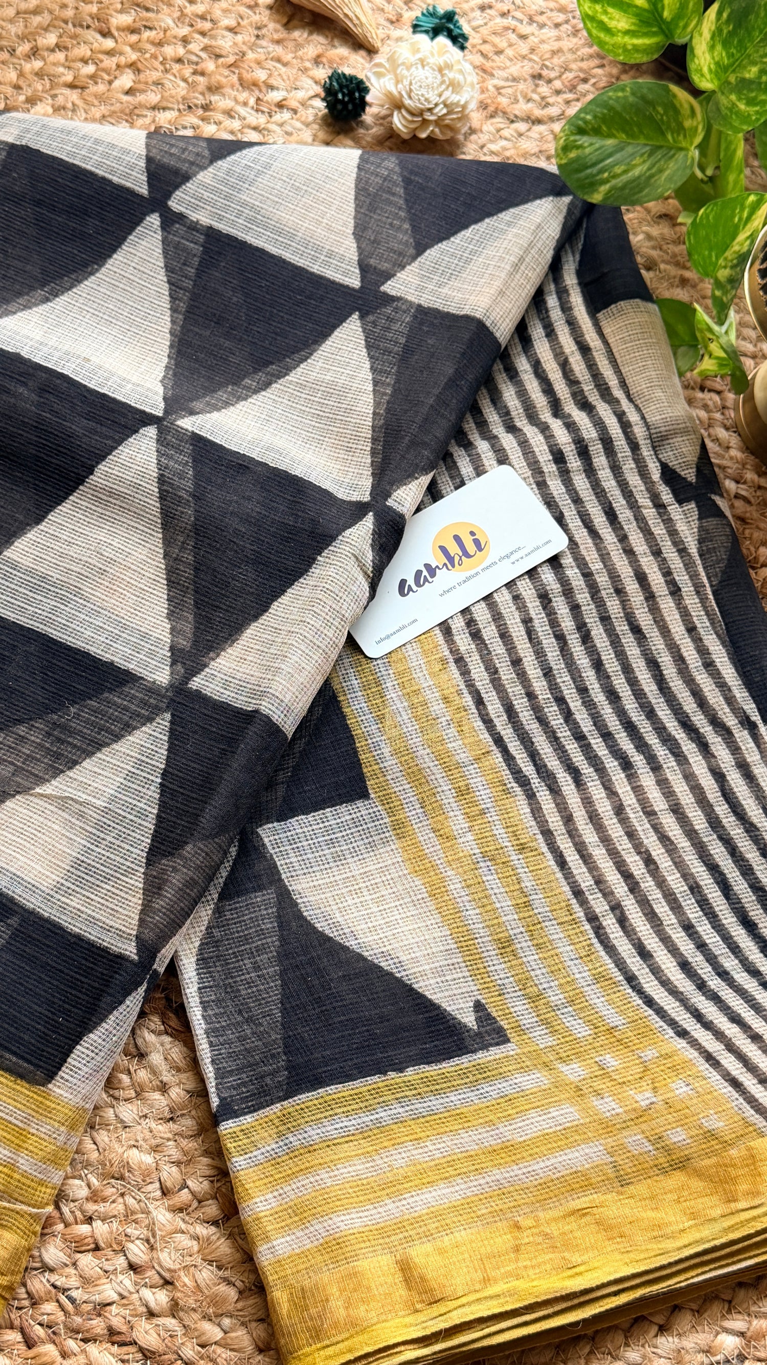 Black and white geometric handblock kota doria saree