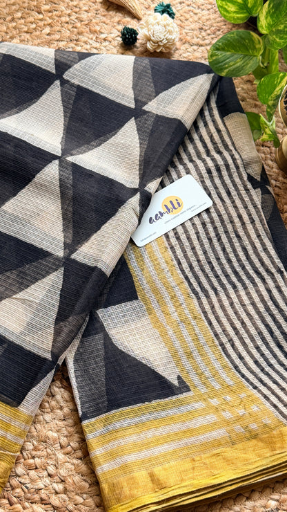 Black and white geometric handblock kota doria saree