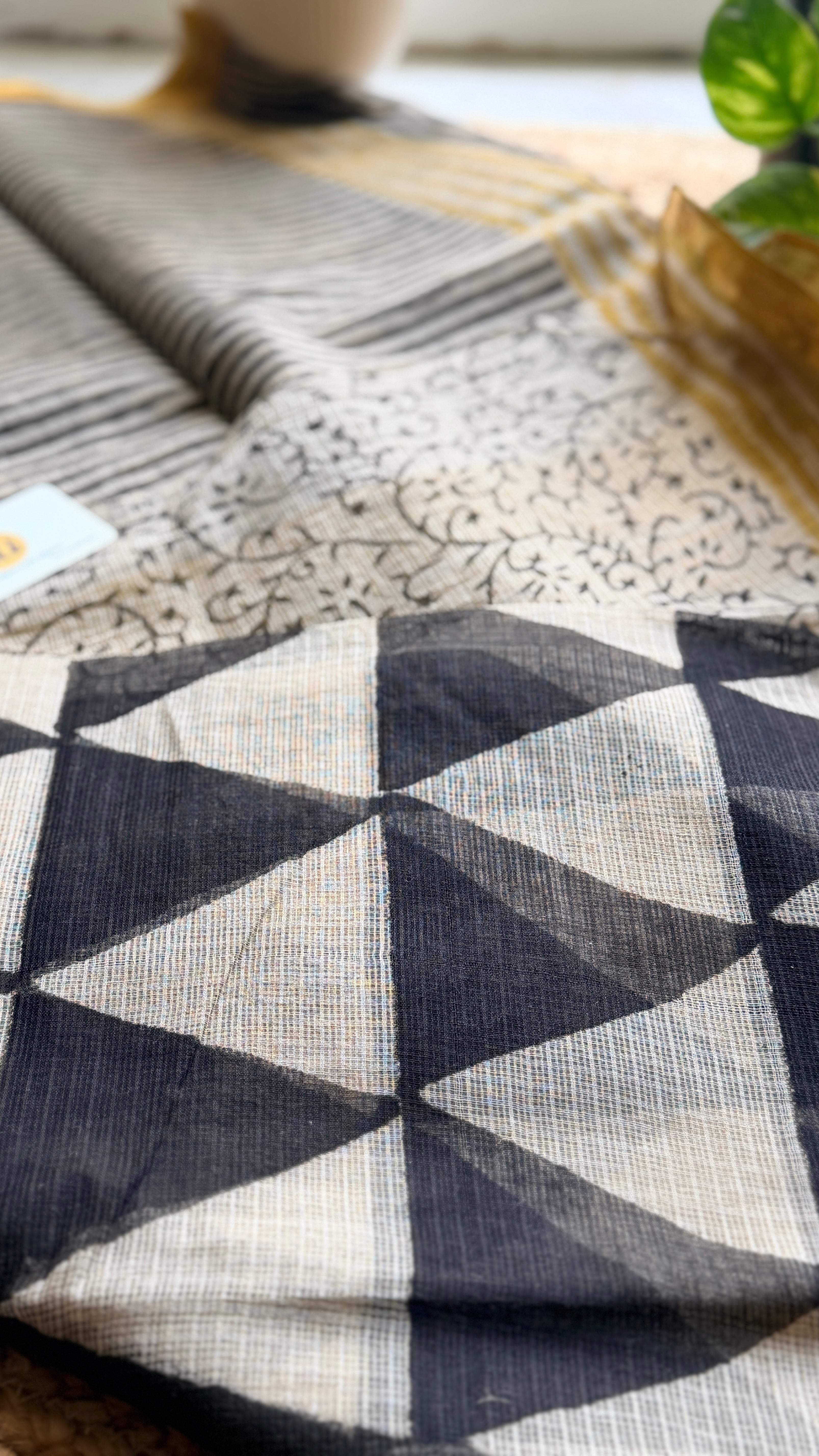 Black and white geometric handblock kota doria saree