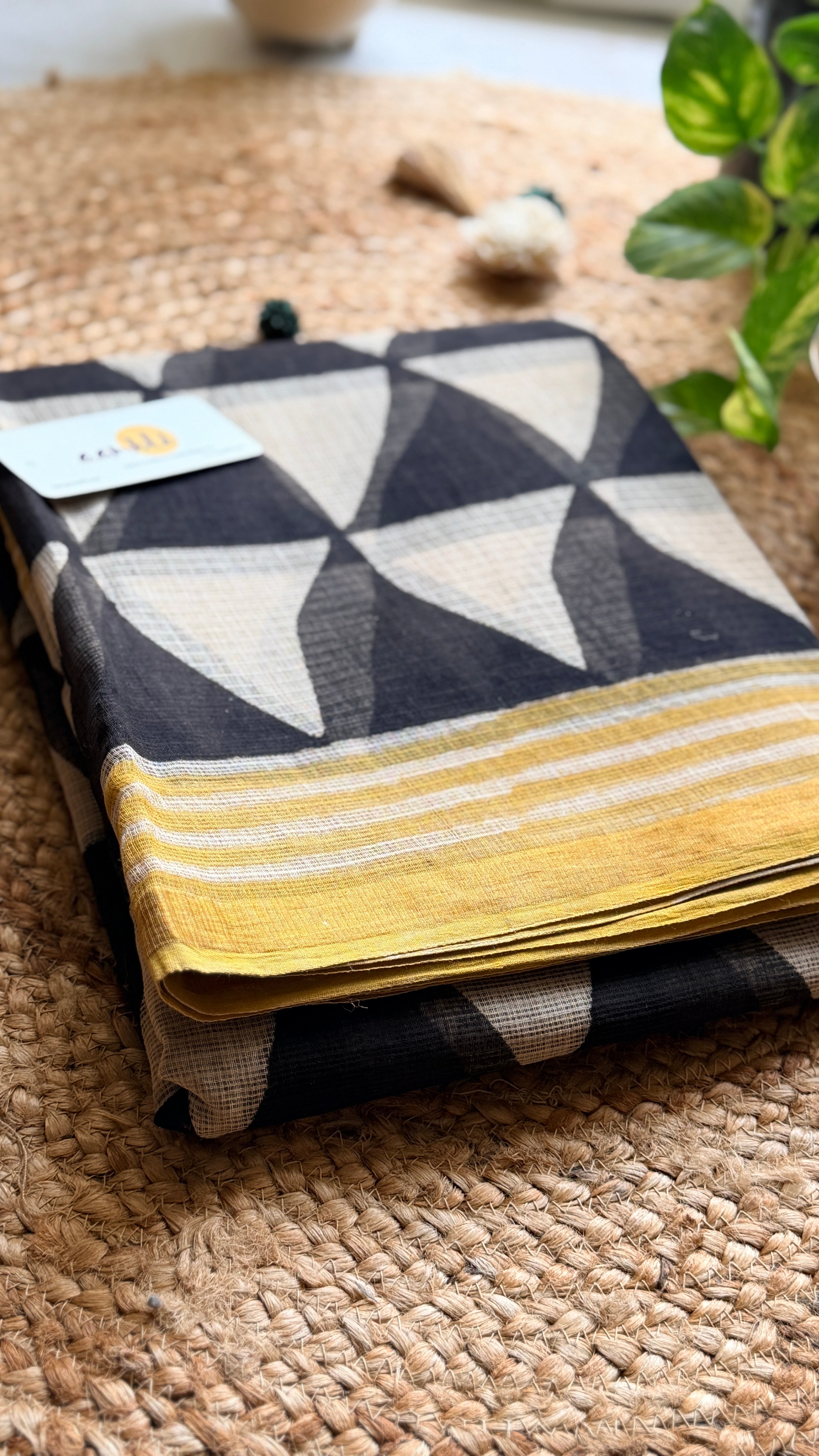 Black and white geometric handblock kota doria saree
